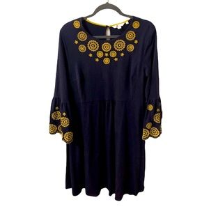 Boden navy blue and gold embroidered dress size 14 R